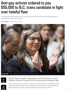 Vancouver Sun Article: Anti-gay activist ordered to pay $55,000 to B.C. trans candidate in fight over hateful flyer