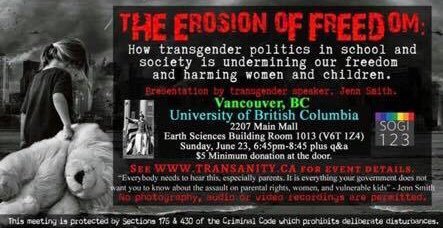 Jenn Smith’s poster advertises that transgender activists are harming women and children