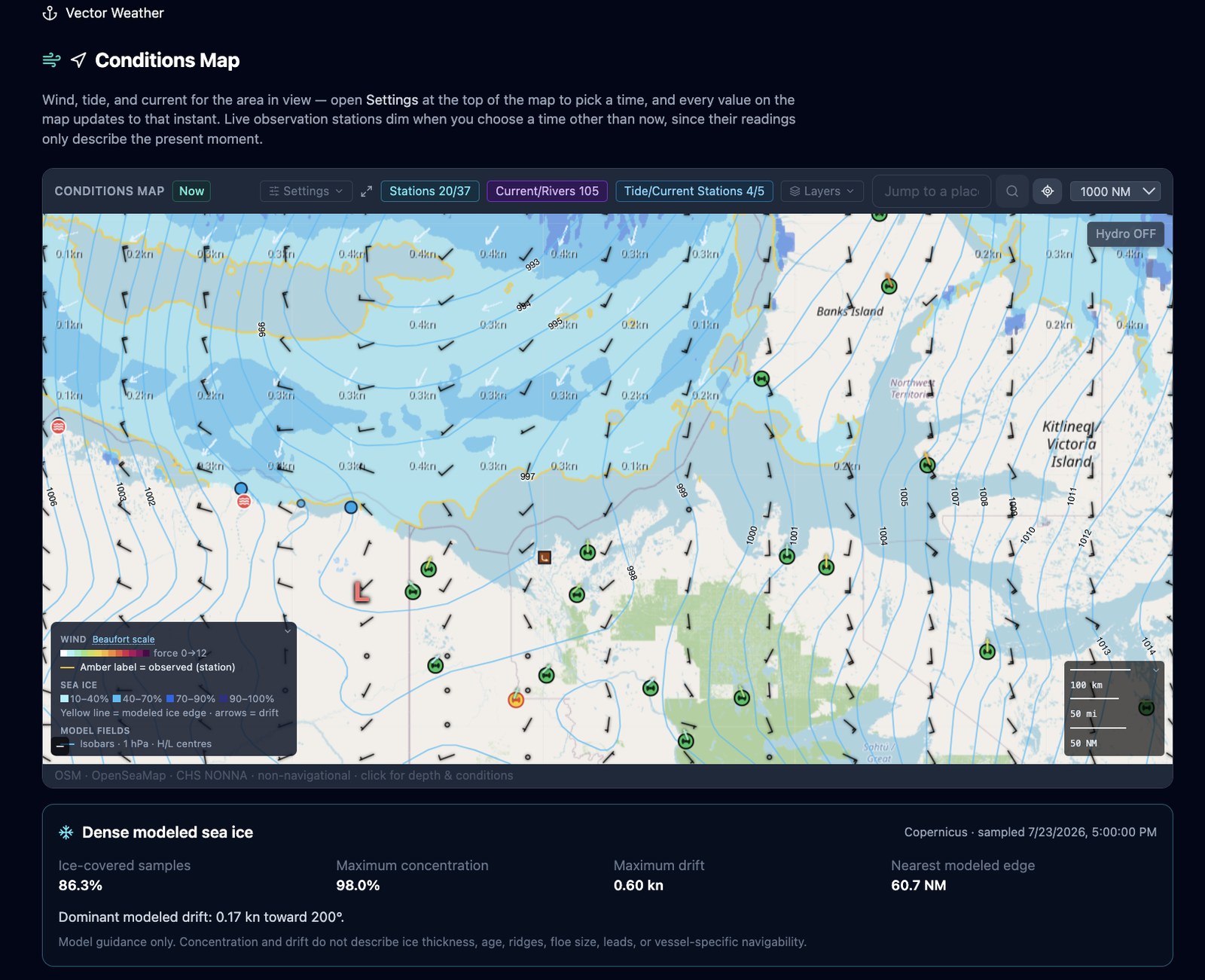 Vector Weather’s Conditions Map over the Beaufort Sea and Amundsen Gulf, showing dense modeled sea ice with the yellow ice edge pressed against the mainland coast between Banks Island and Victoria Island
