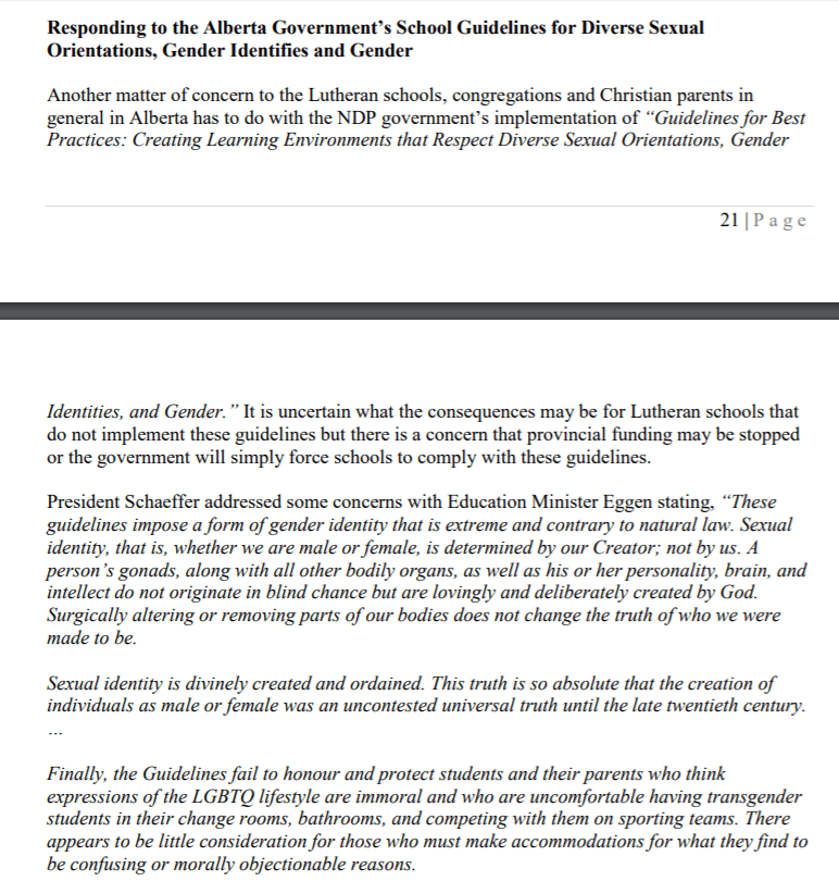 Luteran Church of Canada BC-AB District President position against steps protecting LGBTQ