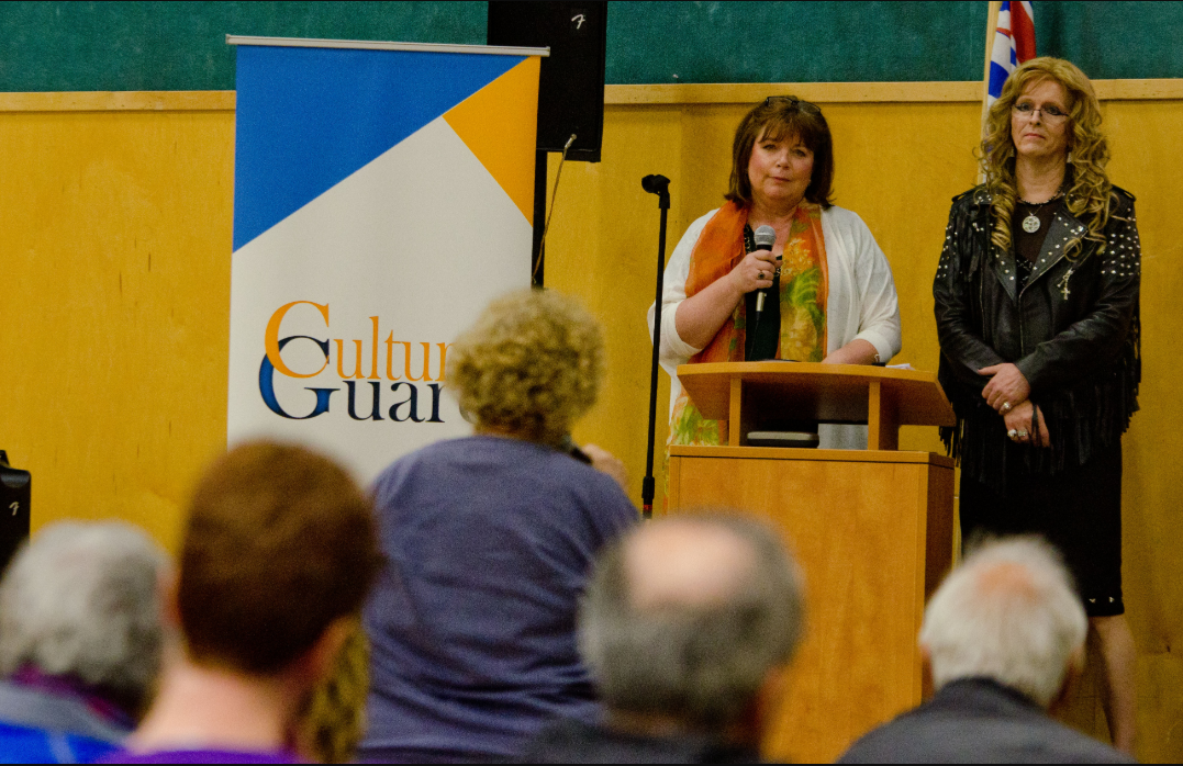 Kari Simpson (left) and Jenn Smith (right) during question period of an anti-SOGI rally in Campbell River, BC.