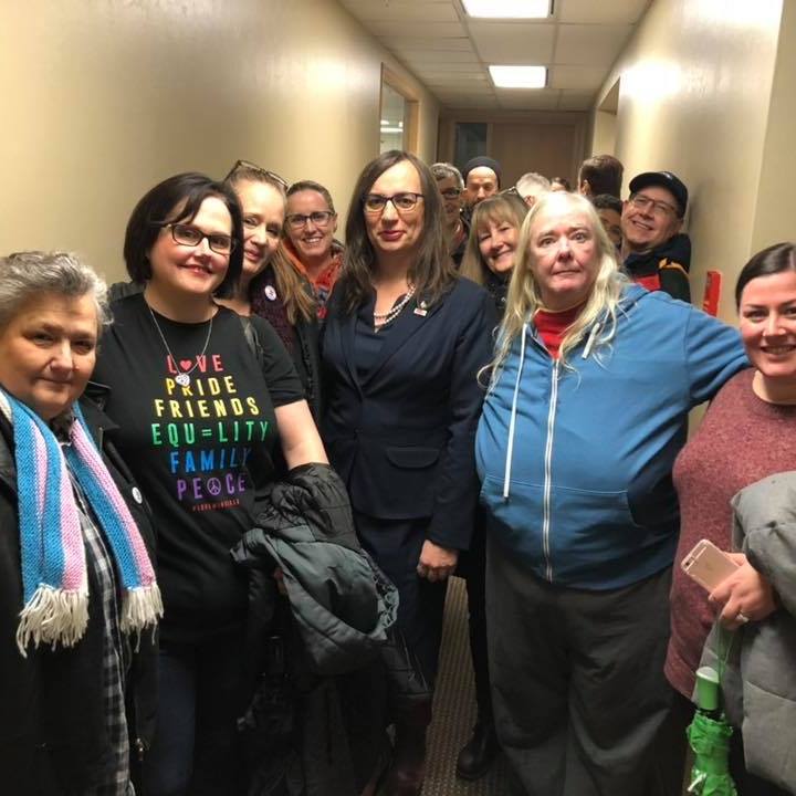 Morgane Oger stands with friends and supporters on the first day of the BC Human Rights Tribunal hearing for the Oger v Whatcott hate speech case in December 2018.