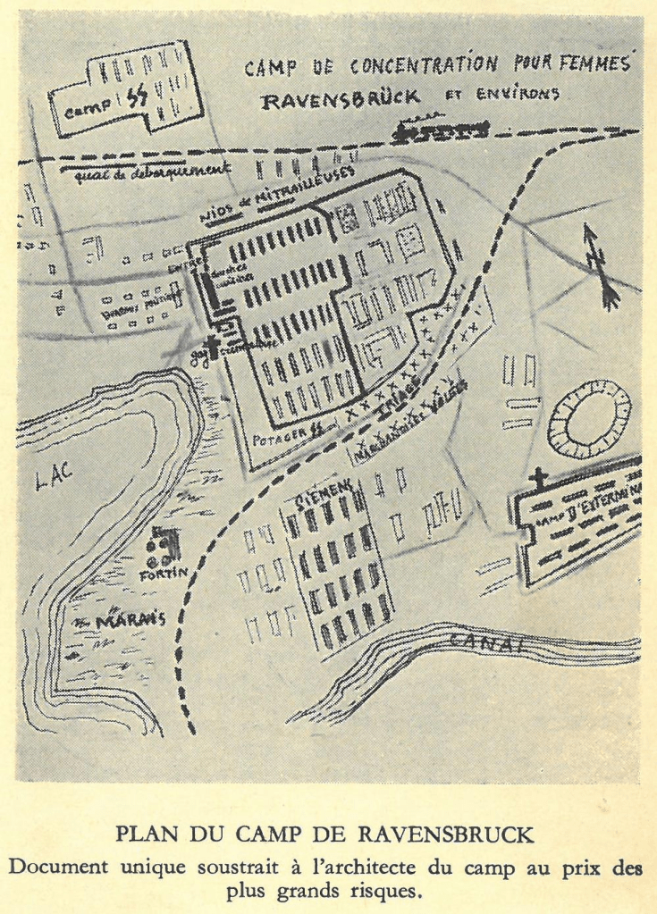 Plan of Ravensbruck womens concentration camp with caption in French saying the plans were extracted from the architect at great cost.